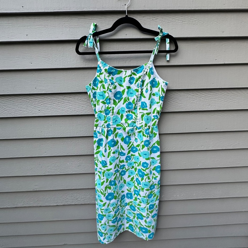 Vintage The Vested Gentress Floral Hand Screened Print Strap Dress Blue Green